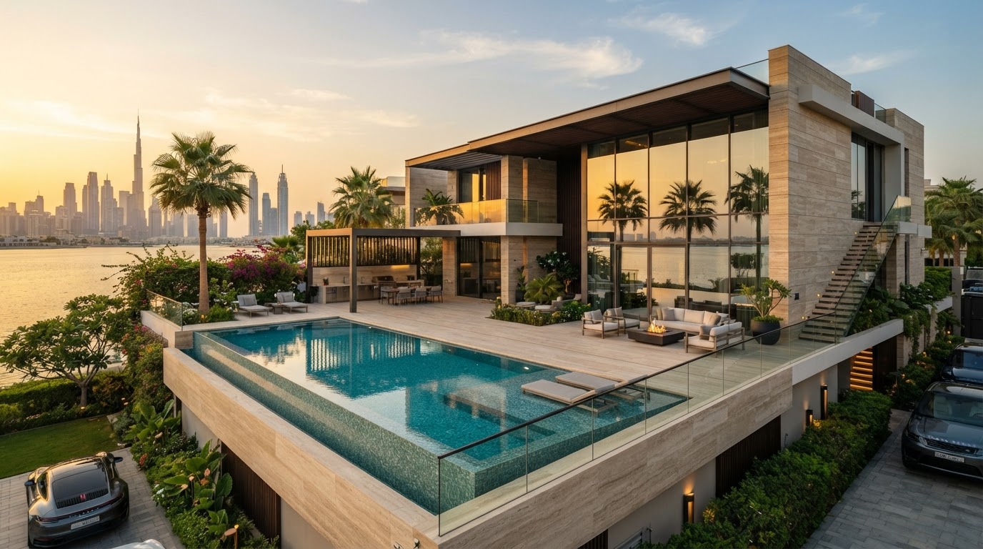 Contemporary villa with infinity pool and Dubai skyline view
